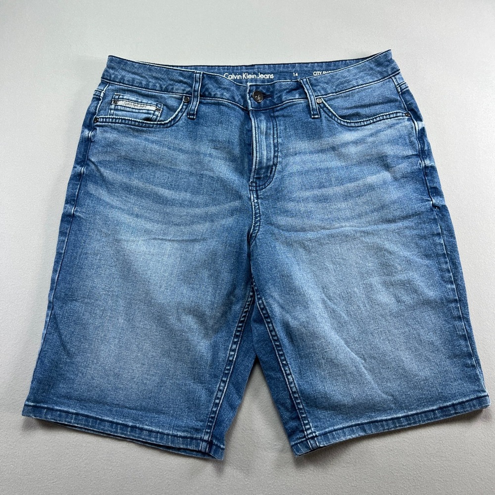 Calvin Klein Jeans City Shorts Womens 14 Blue Denim Cotton Stretch Mid Rise